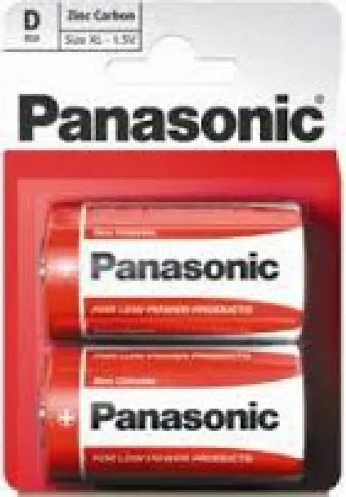 A retail package containing two D-size Panasonic Zinc Carbon batteries.