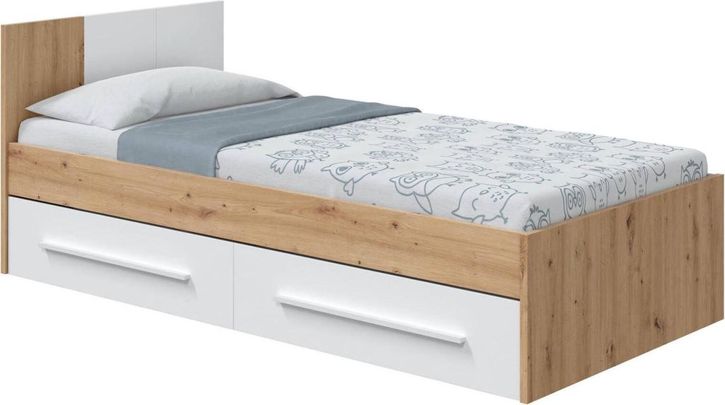 Anaheim Einzelbett, Einzelcontainerbett mit Kopfteil, Bettrahmen mit 2 Schubladen für Schlafzimmer, cm 196x97h41, Eichenäste und Weiß