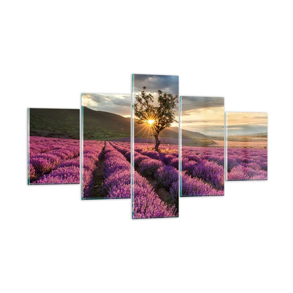 Bilder auf glas - Lavendel Berge Feld - 125x70cm - Glasbilder - Wandbilder - Kunstdruck - zum Aufhängen bereit - Wanddekoration aus Glas - Glas Bi...