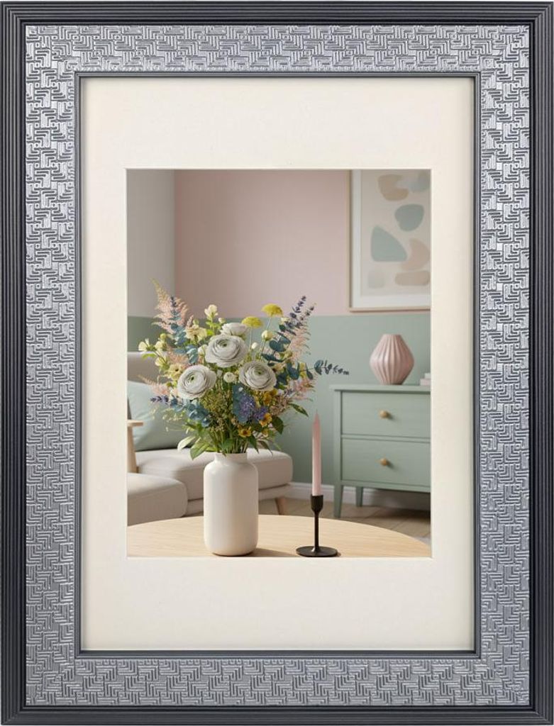 Antiker Bilderrahmen mit geometrischer Prägung & Passepartout Modern Glamour Antiker Bilderrahmen Barockrahmen PS-4 - Farbe: Silber | Format: 18x24