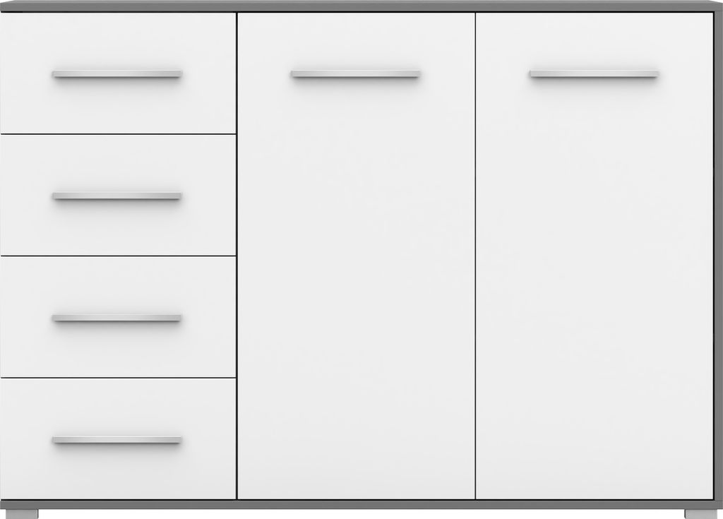 A front view of a white and gray sideboard with drawers and doors.