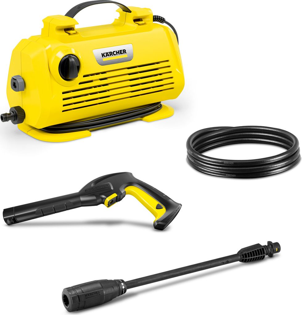 A yellow Kärcher pressure washer and its accessories are displayed against a white background.