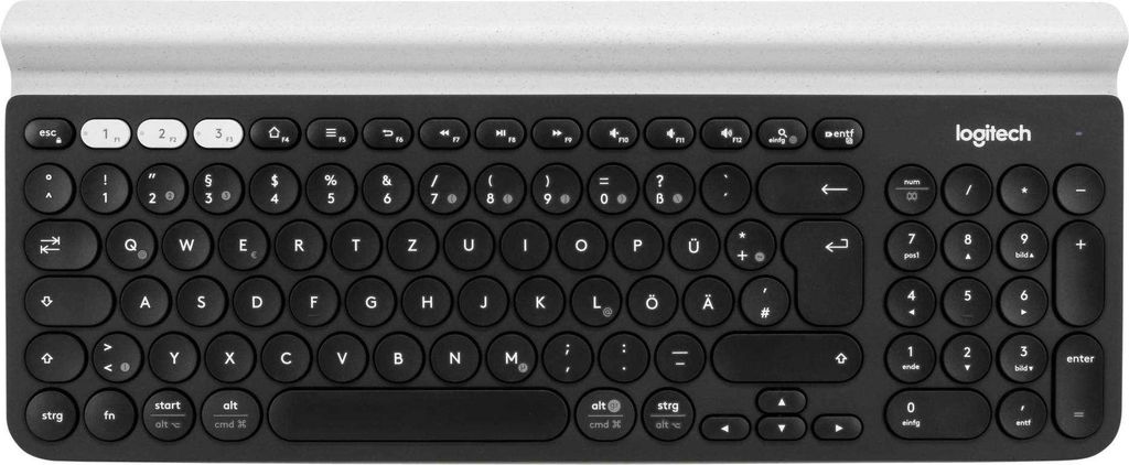 A top-down view of a Logitech K780 multi-device keyboard on a white background.