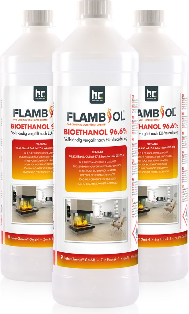 3x 1 L FLAMBIOL® Bioethanol 96,6% Premium für Produktbild 