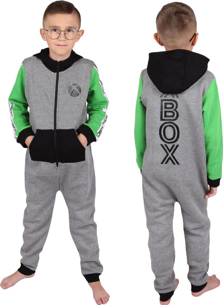 XBOX Einteiliger Pyjama, Schlafanzug FÜR GAMER, Overall mit Kapuze, Onesie für Jungen 128