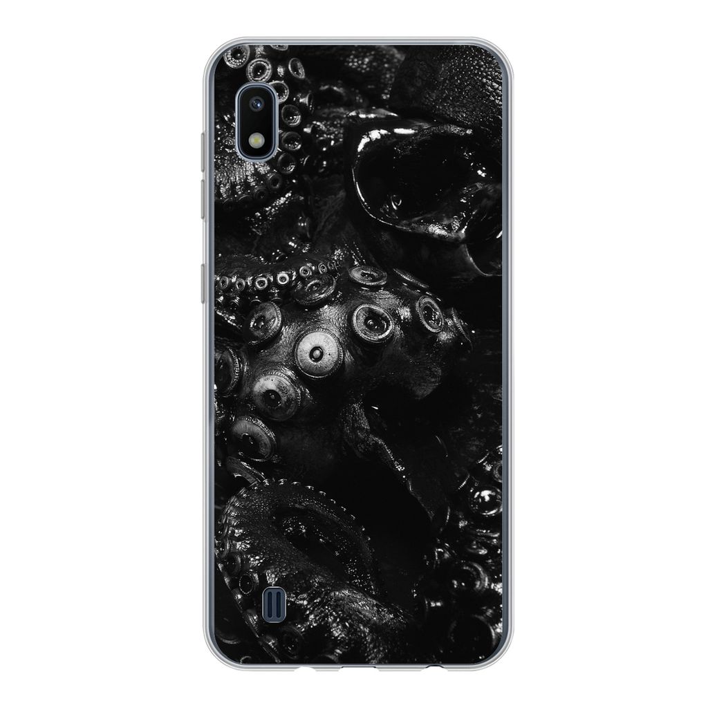 MuchoWow Handyhülle Schutzhülle Hülle für Samsung Galaxy A10 Nahaufnahme Oktopus auf schwarzem Hintergrund in schwarz und weiß Silikon Softc...