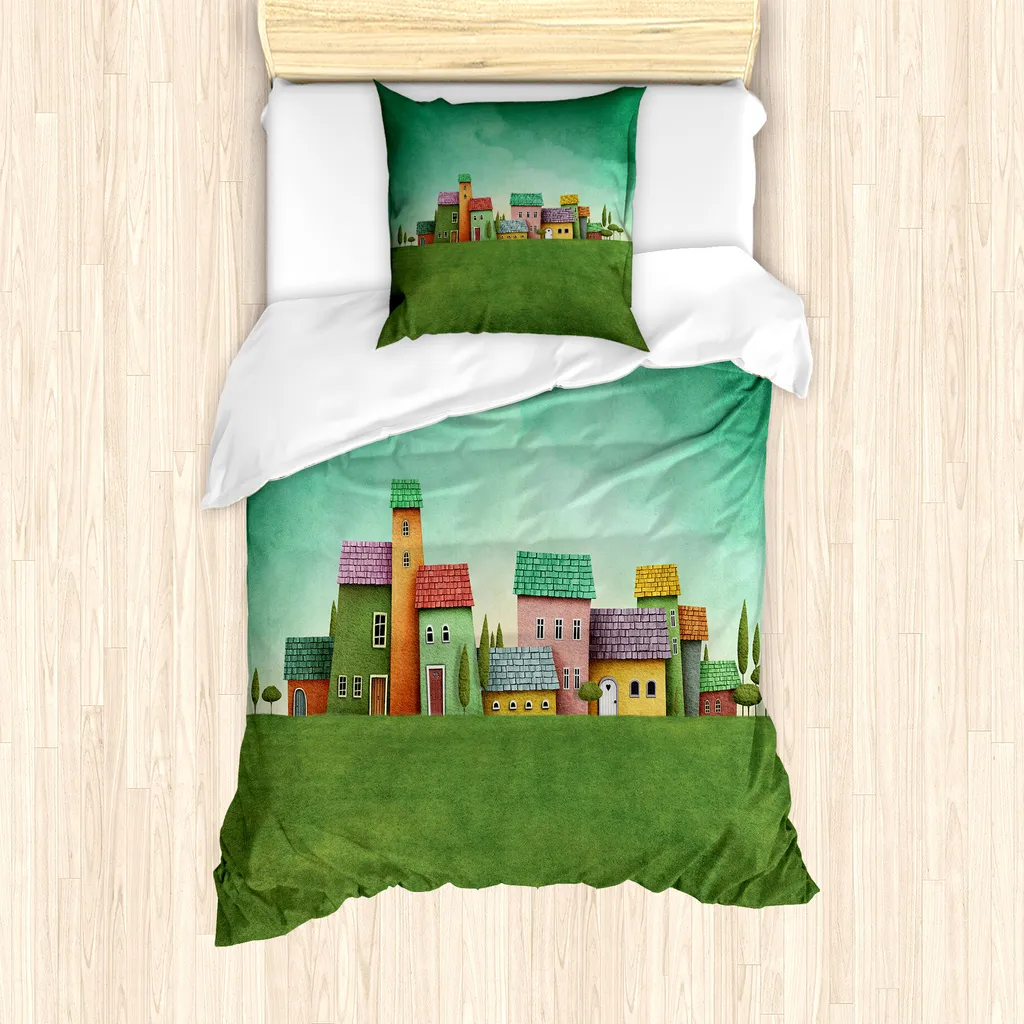 Ensemble housse de couette Village Absurde 135x200cm avec taie d'oreiller