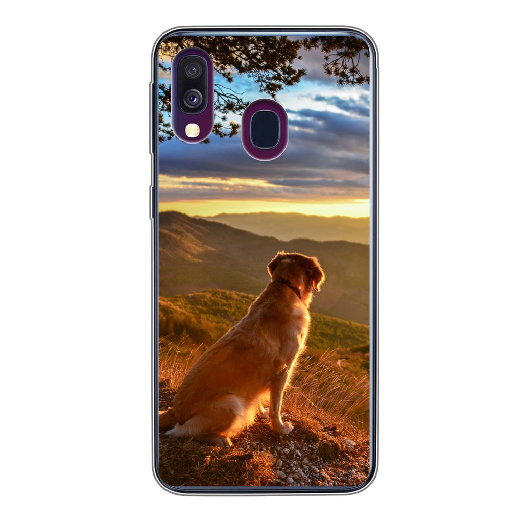 MuchoWow Handyhülle Schutzhülle Hülle für Samsung Galaxy A40 Ein Golden Retriever beobachtet den Sonnenuntergang Silikon Softcase Handy Hüll...