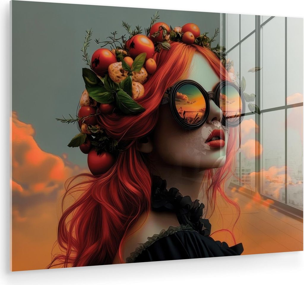 MuchoWow Glasbilder - Bilder auf Wandbild - Foto auf Glas Frau - Krone - Tomate - Bascilicum - Sonnenbrille 80x60 cm Wanddekoration aus Glas - Acry...