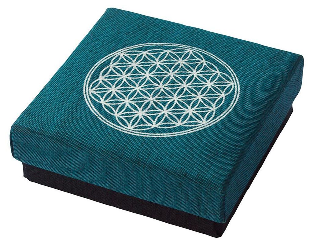 Geschenkbox "Blume des Lebens" Baumwolle türkis 9x9cm
