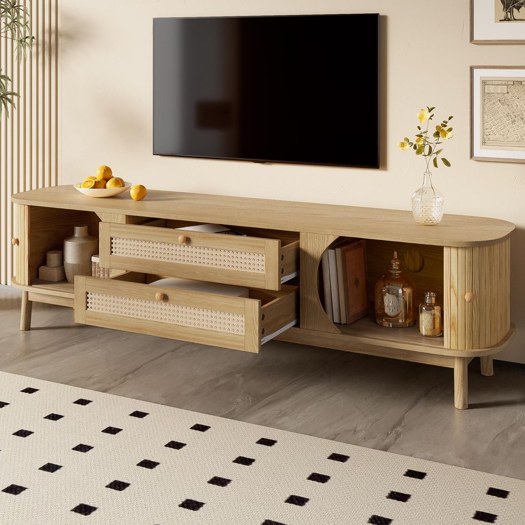 okwish Rattan-TV-Schrank TV-Ständer mit Rattanoberfläche und Schubladen,Lowboard mit Holz-Blend und Holzkonstruktion,Natur