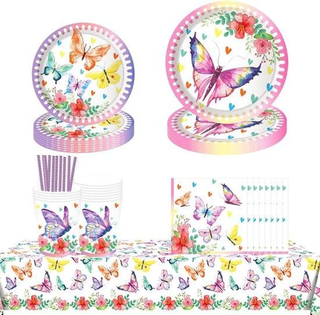 Vaisselle Papillon Rose et Violette 70 Accessoires Fête Thématique