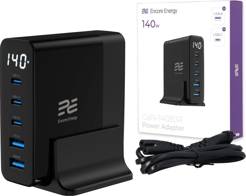 Ladestation 140W Desktop-Ladegerät GaN QC 4+ 5.0 PD 3.0 USB-A x2 USB-C x3 mit Display Encore Energy GaN-14083R