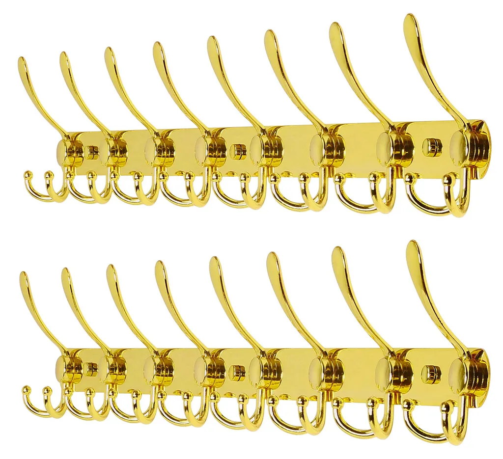Patère murale design dorée 74 cm, barre à 8 crochets en acier, lot de 2