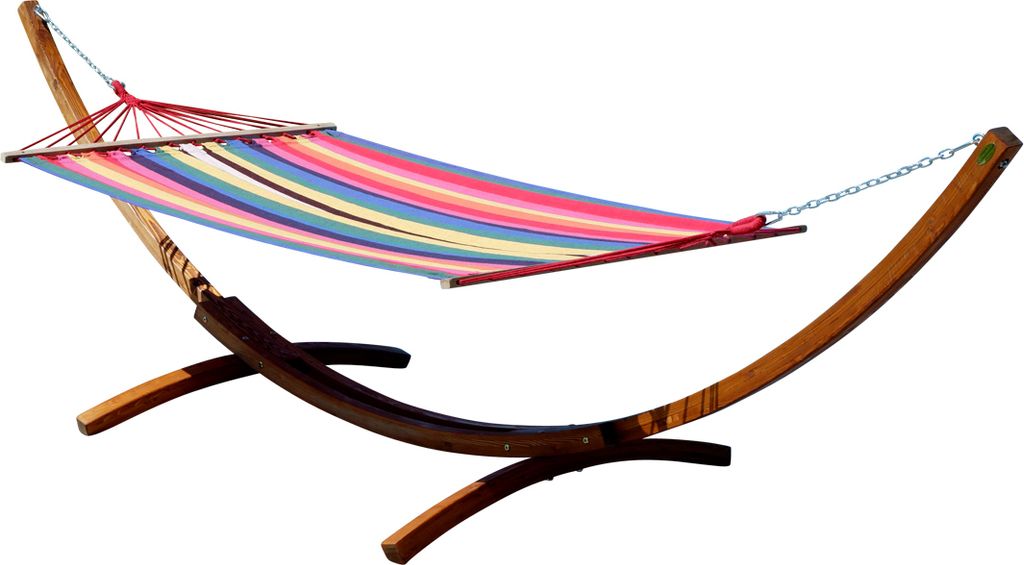 ALEOS. 400cm XXL Hängemattengestell Gestell aus Holz Lärche dunkelbraun mit Stab Hängematte Rojo 120x200 cm