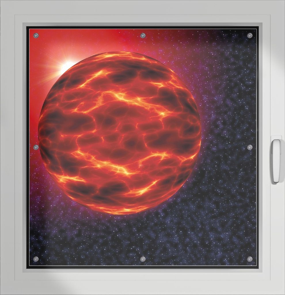 Wallario Lichtschutzbild, Dekorativer Sichtschutz Sonnenschutz 96 x 100 cm mit Motiv: Abstrakter Planet im Weltall in glühendem rot - Verdunklung ...