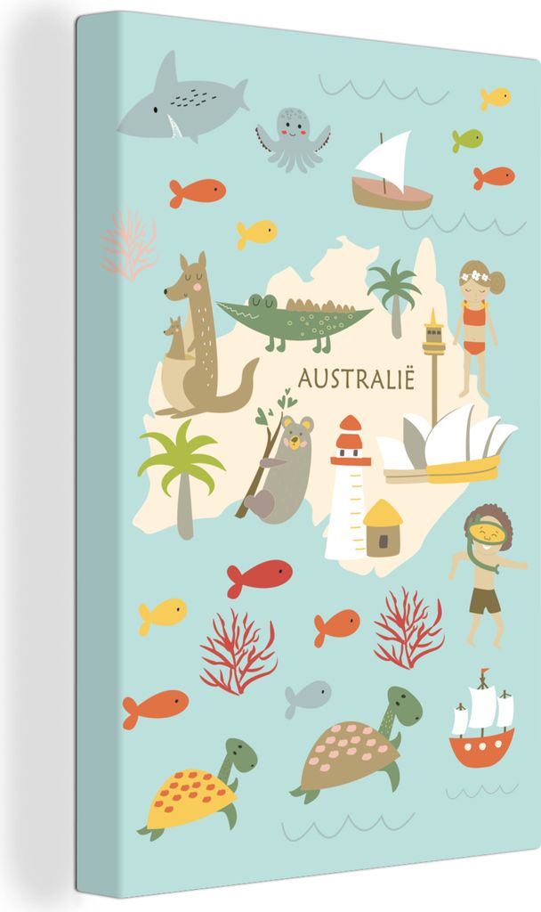 OneMillionCanvasses - Leinwandbilder - 90x140 cm, Weltkarte Kinder - Australien - Tiere, Wandbilder Kunstdruck Wanddekoration - Wandschmucke - Sc...