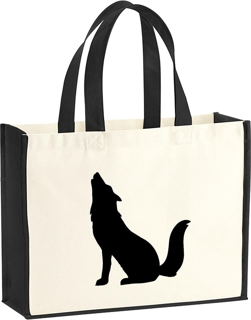 Huuraa Jutetasche Heulender Wolf Silhouette 21 Liter Black Jute und Baumwolle Einkaufstasche Geschenkidee