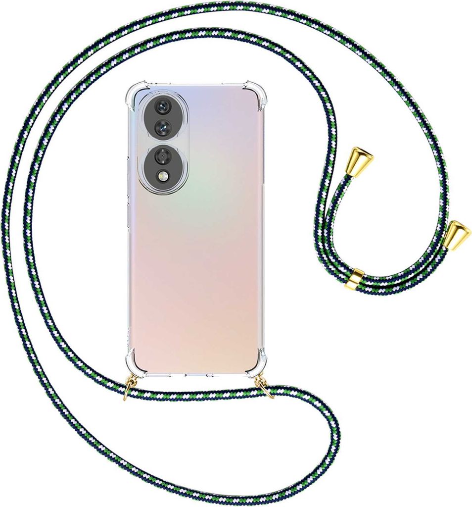 Handykette Backcover-Schutzhülle mit Band (Metall goldfarben) für Honor 90 5G (REA-AN00, 6.7'') - grün/blau/weiß