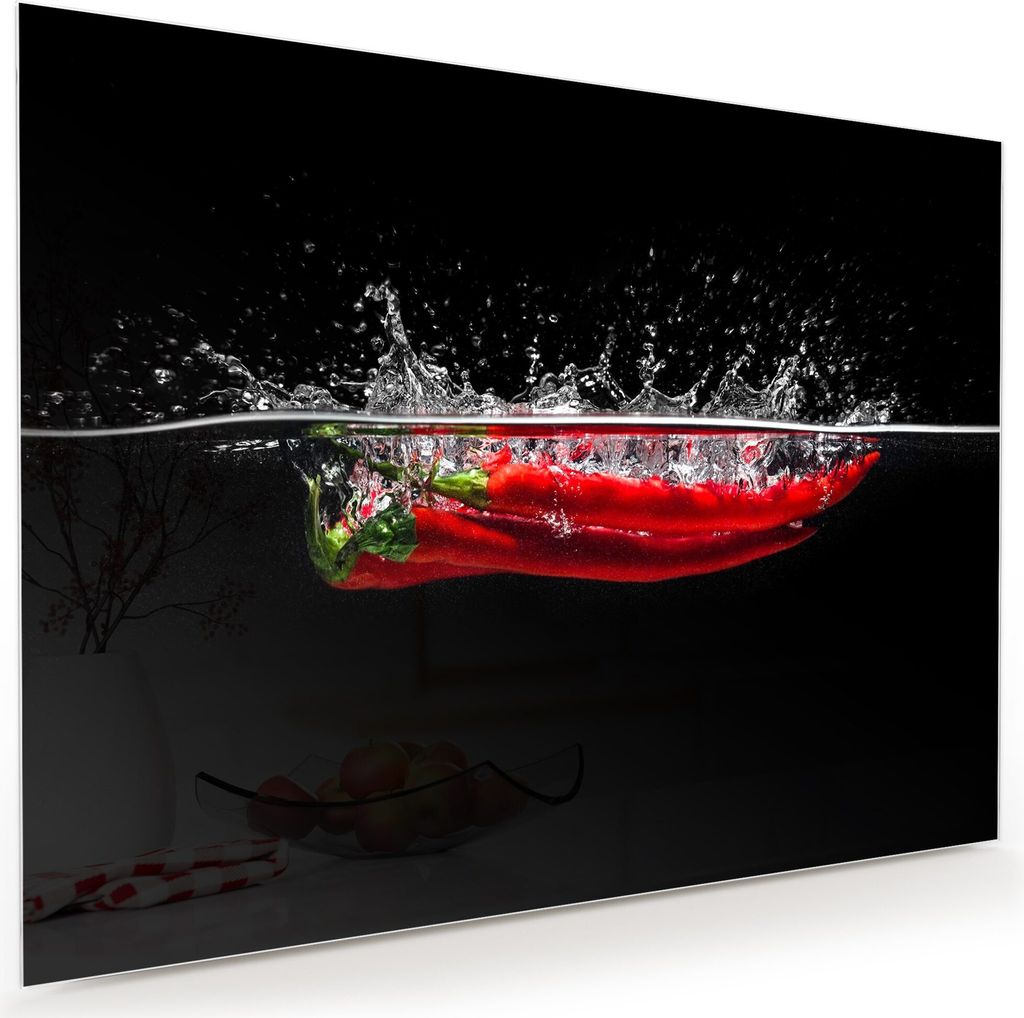 Glasbild Wandbild Drei Chili im Wasser 80x60cm in XXL für Wohnzimmer, Schlafzimmer, Badezimmer, Flur