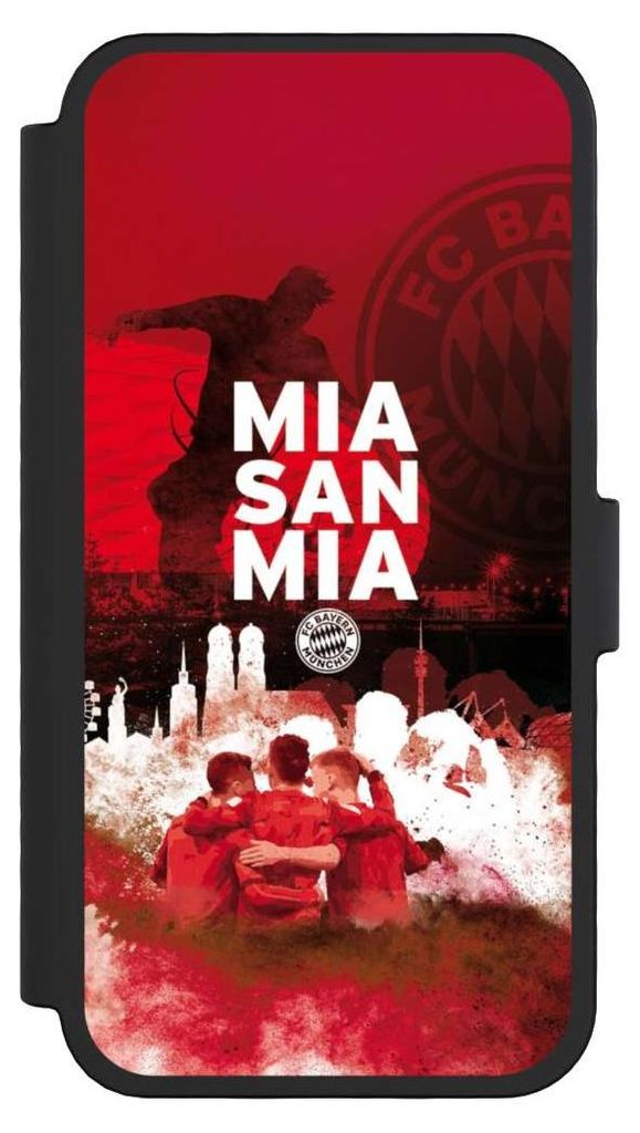 NIVOCASE Klapphülle für Apple iPhone 16 Pro Handyhülle aus Kunst Leder NIVOflip schwarz FC Bayern München FCB Mia San Mia