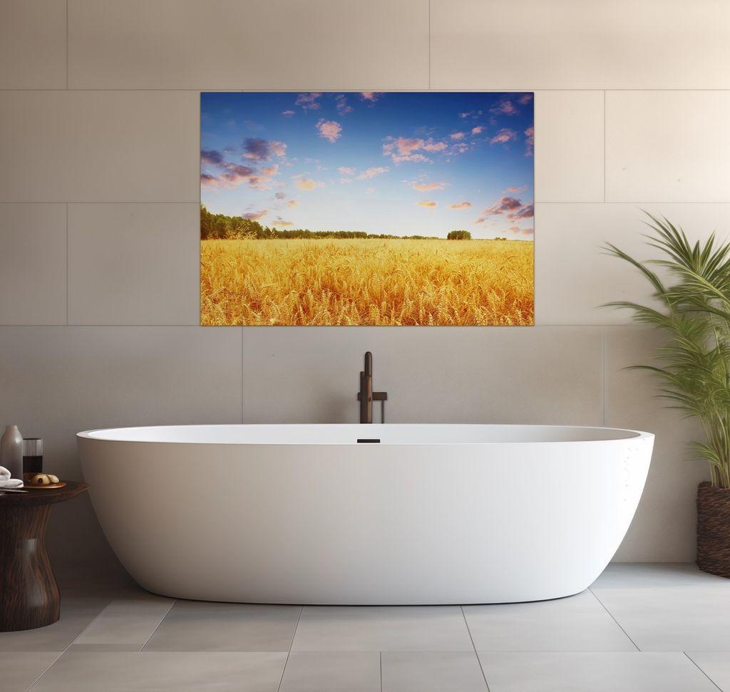 Wallario wasserfestes Poster selbstklebend 70 x 100 cm, Weizenfeld unter blauem Himmel, Badezimmerposter Spritzschutz mit Hochglanzoberfläche in G...
