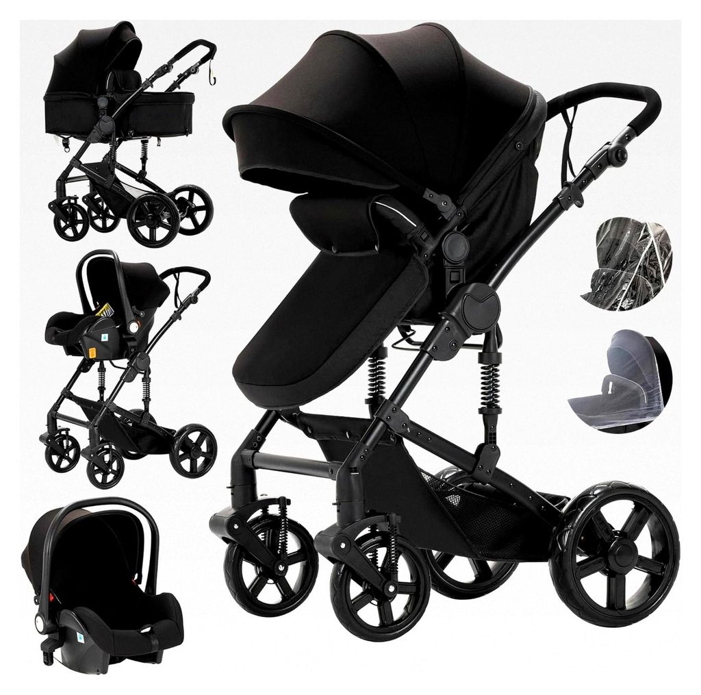 3-in-1 Kinderwagen mit umkehrbarem Doppelschiebemodus und großer Babywanne, faltbar, Aluminiumrahmen, hohe Landschaft