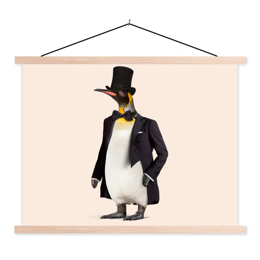 MuchoWow Textilposter Pinguin - Tier - Hut - Colbert - Schwarz 60x45 cm mit holzfarbenen Rahmen - Bild