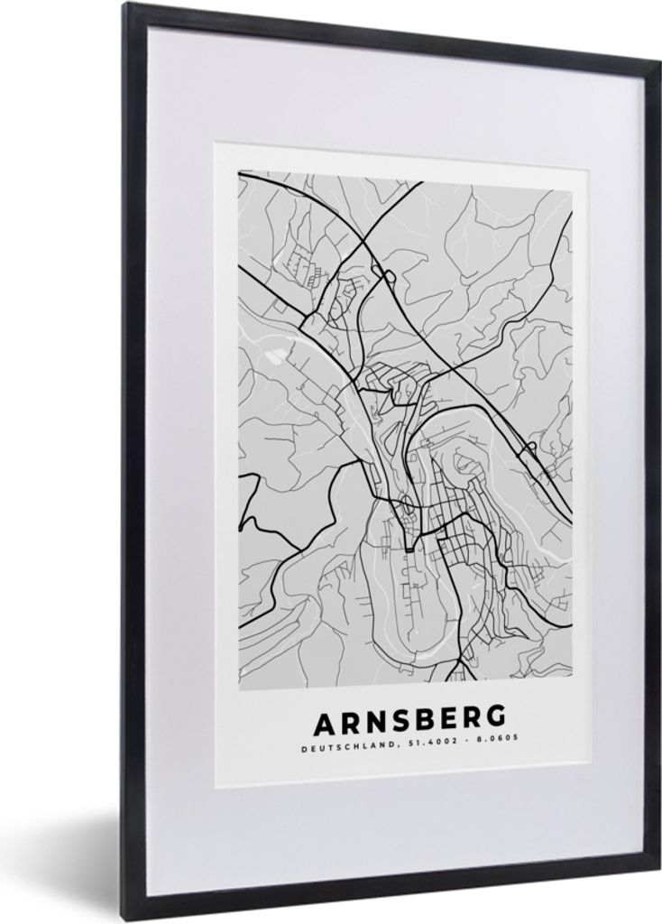 MuchoWow Gerahmtes Poster Arnsberg - Karte - Stadtplan - Deutschland - Karte 40x60 cm - Poster mit Schwarzem Bilderrahmen Wandposter Rahmen Foto ...