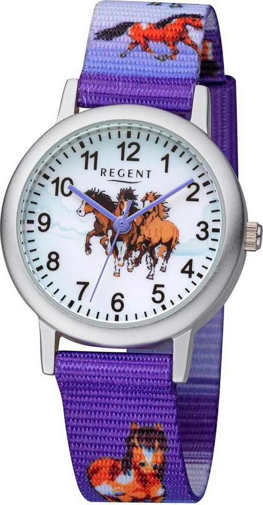Regent Kinderuhr F-1364 Pferde, Textilband, Aluminium, Lila