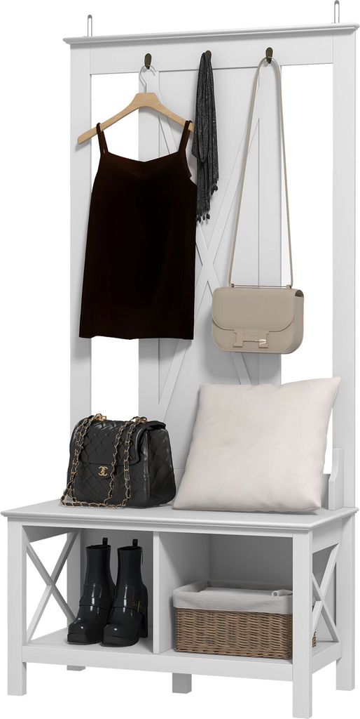 HOMCOM Garderobe mit Schuhregal aus Holz, Standgarderobe mit Bank, 2 Ablagen und 3 Haken zum Aufh?ngen von Kleidung fš¹r Flur, Flur, Eingangsbere...