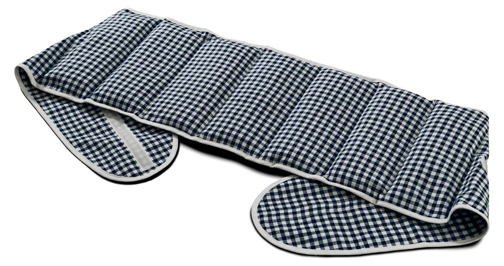 Wärmekissen mit Gürtel und Klettverschluss - ca. 135cm - 7-Kammer. Körnerkissen - Bio-Stoff blau-weiß