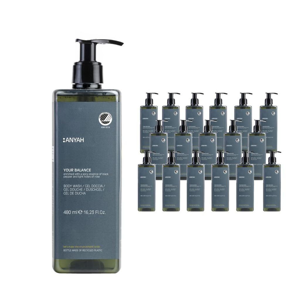 ANYAH Duschgel 18 × 480 ml – Für trockene & sensible Haut, vegan, feuchtigkeitsspendend, ecolabel - nicht nachfüllbar