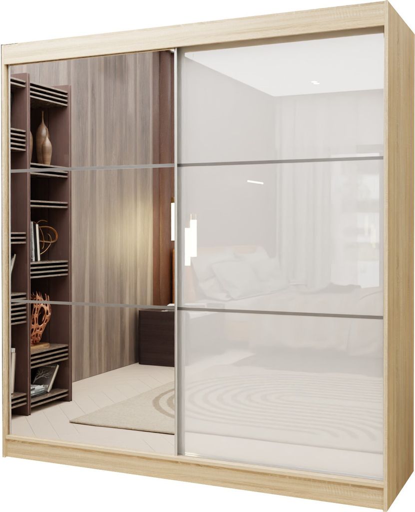 Masseno Schiebetürenschrank VITALE 200 cm Kleiderschrank Schlafzimmer Schrank 2-türig mit Spiegel und Lacobel Sonoma Eiche