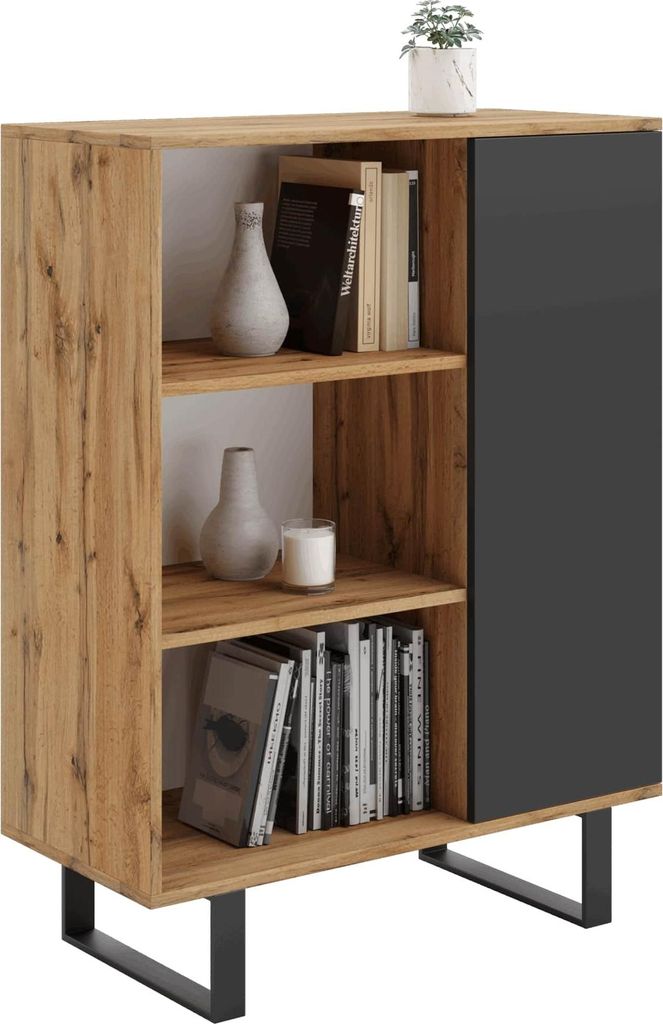 Regal Schrank Fondi im Loft-Stil – Eichenholz Craft Gold/Schwarz, 6 Ablagefächer, 1 Tür, Metallbeine, Laminat, 40x116x90 cm – Stilvolle und f...