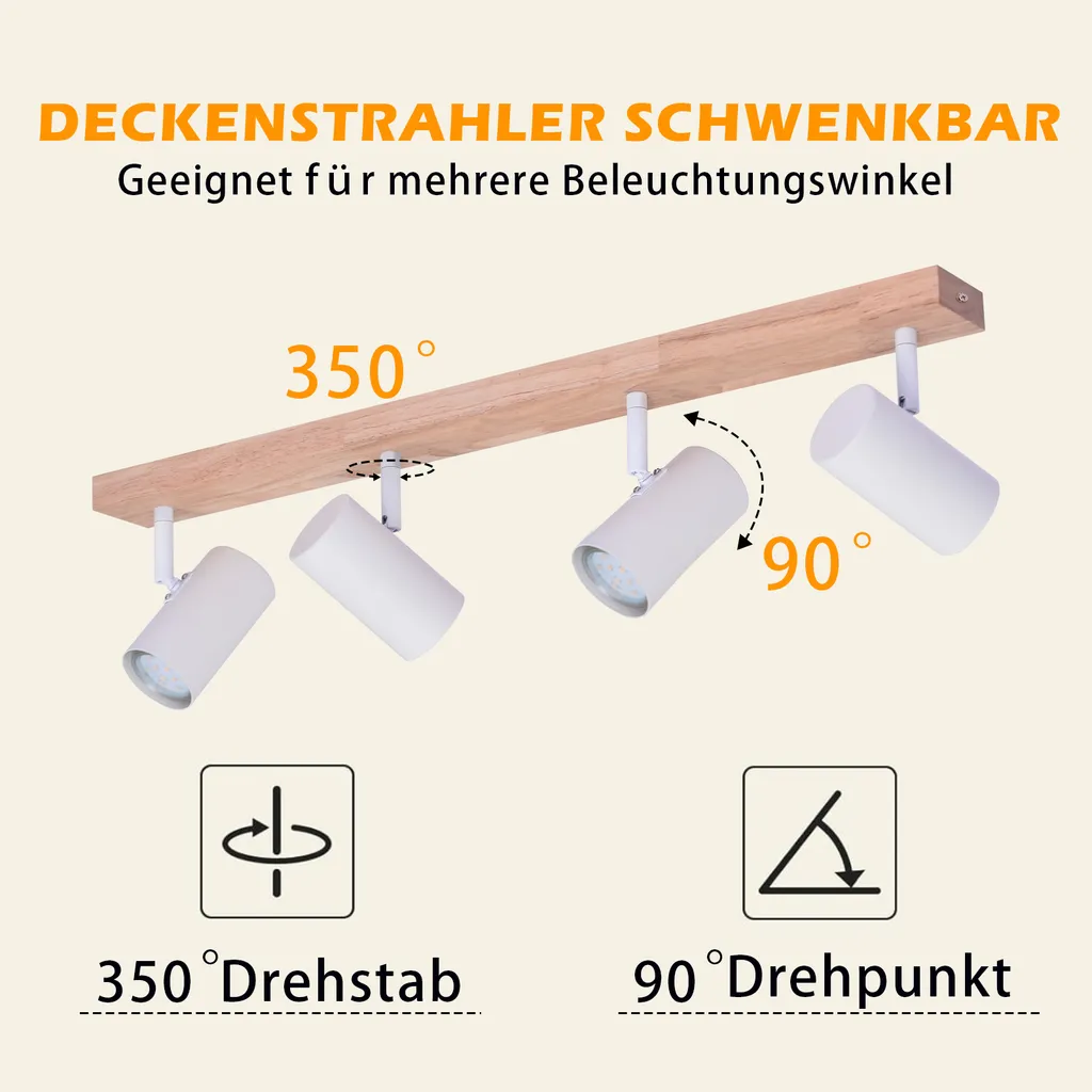 ZMH Lampada Soffitto Bambini Legno Bianco 4 Luci GU10 Vintage - 2