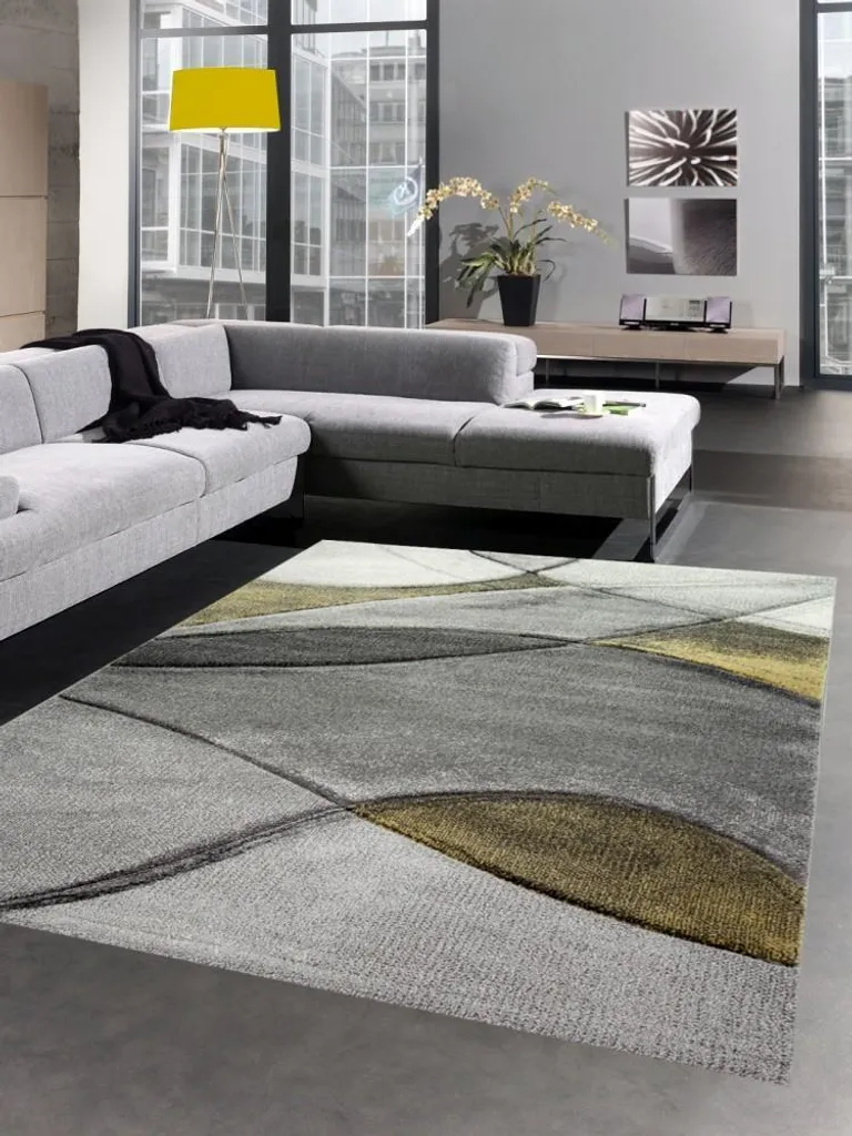 Tapis de salon moderne 60x110 cm anti-tache - Vagues jaune gris pastel