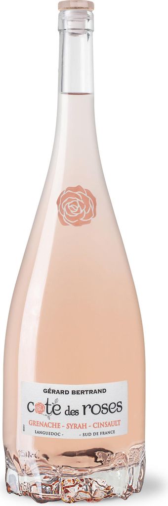 A bottle of rosé wine on a white background.