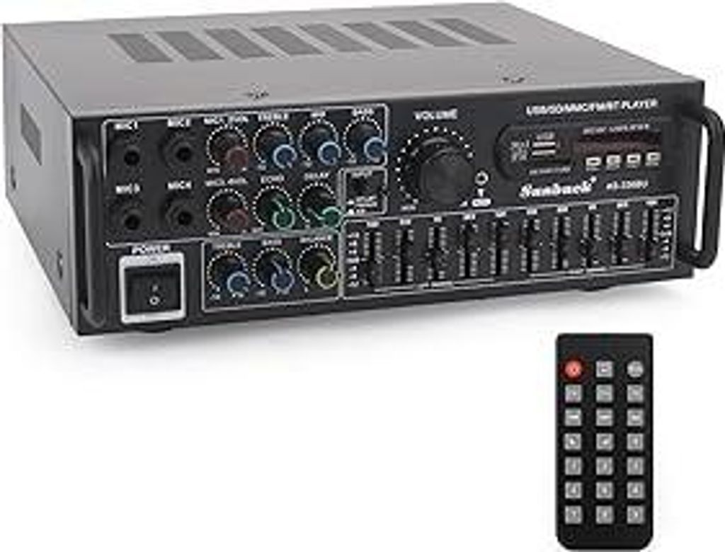 Areyourshop Hifi Verstärker Stereo pa endstufe mit Bluetooth 5.0 2000W Audio Receiver Karaoke FM USB SD AUX, Vorverstärker Hifi 5-Band-EQ-Mixer, ...