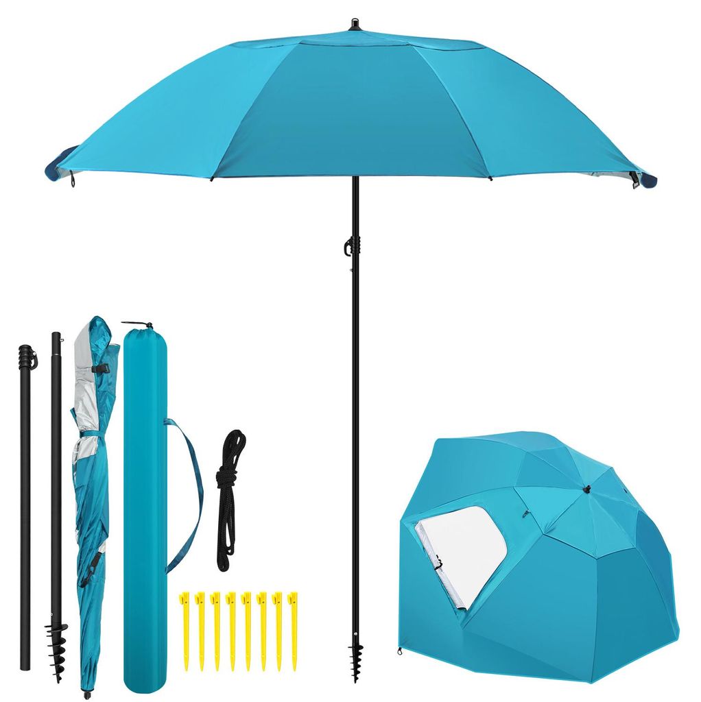 Vigevee Sonnenschirm 210 cm UV50+ mit Schraub-Erdspieß, windstabiler Strandschirm, neigbar & tragbar für Strand Balkon Garten Himmelblau