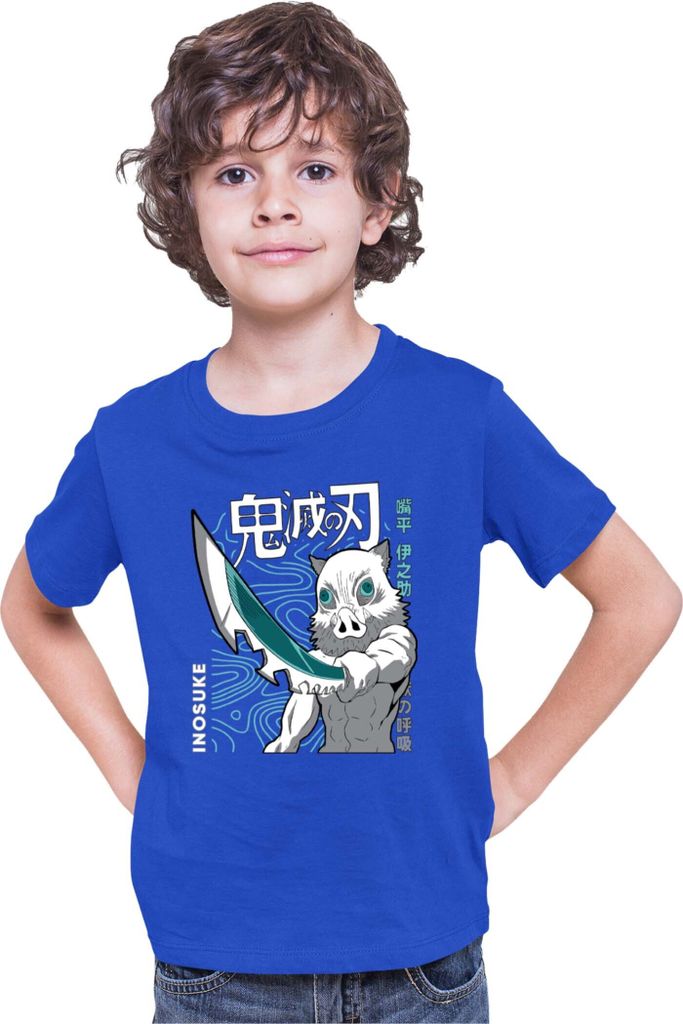 Kinder T-Shirt Demon Anime Slayer Kimetsu No Yaiba Inosuke Hashibara 004, 7-8 Jahr - 128 / Blau