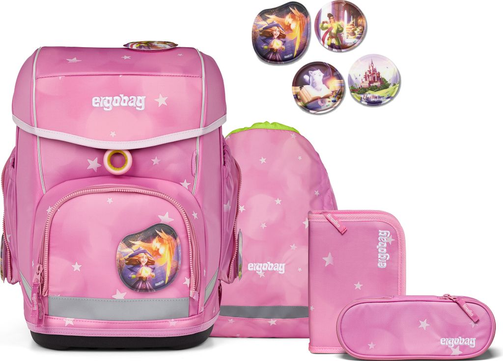 A pink ergobag school backpack set with accessories, displayed against a white background.