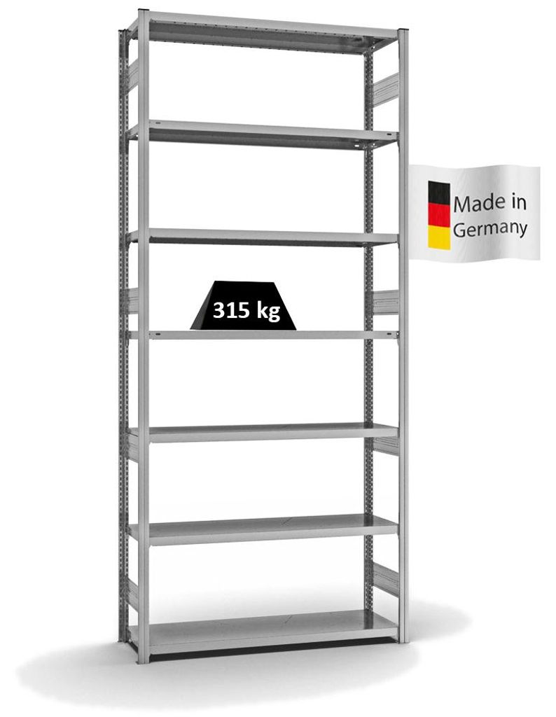 PROREGAL Fachbodenregal Stecksystem MAGNUS Germany | HxBxT 300x130x40cm | 7 Ebenen | Fachlast 315 kg | Beidseitig nutzbar | Verzinkt