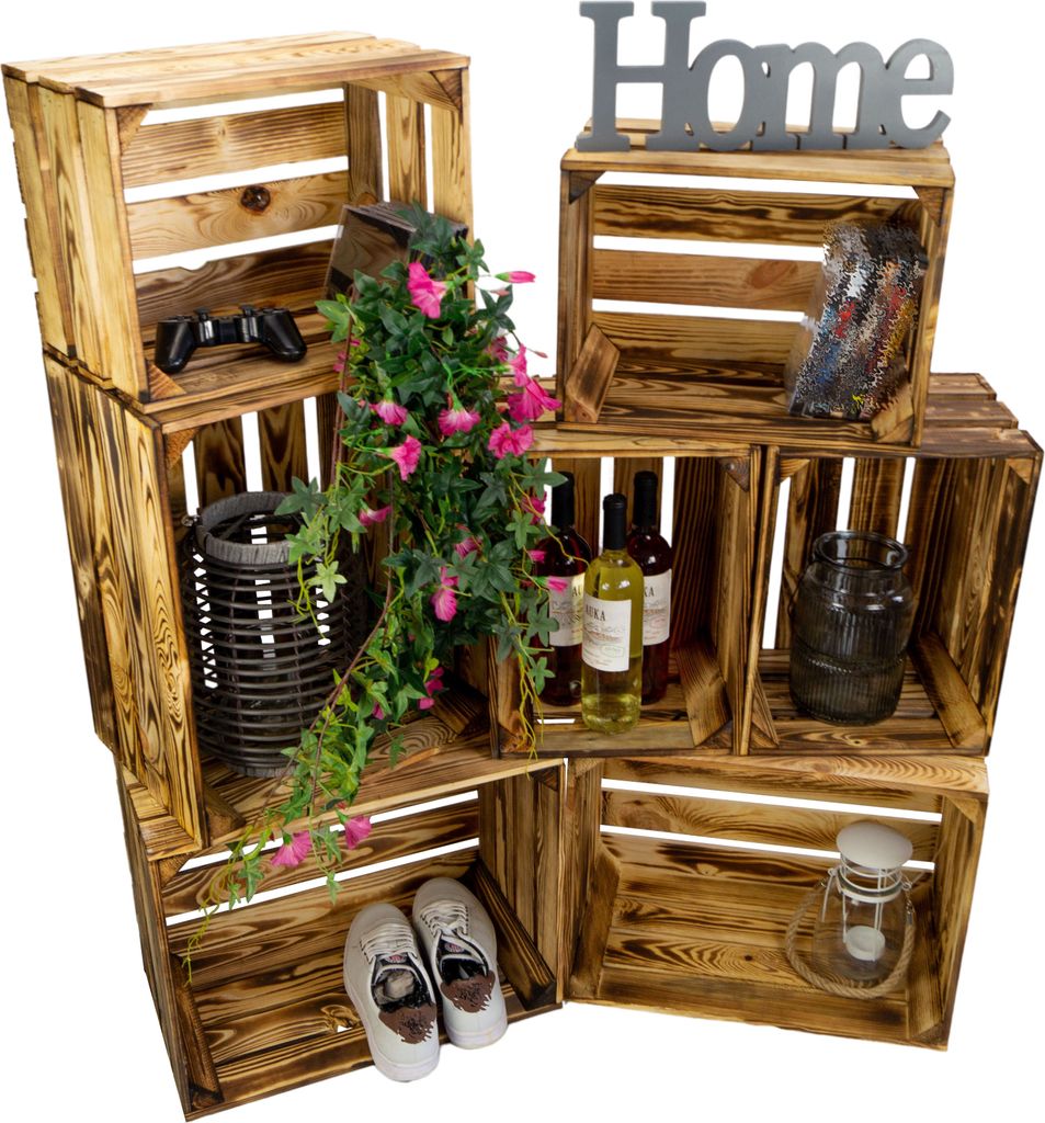 7er set Vintage Kisten geflammt 50x40x29cm / 40x30x25cm Deko & Möbelkisten Wohnwand Obstkisten Weinkisten Optik DIY Upcycling