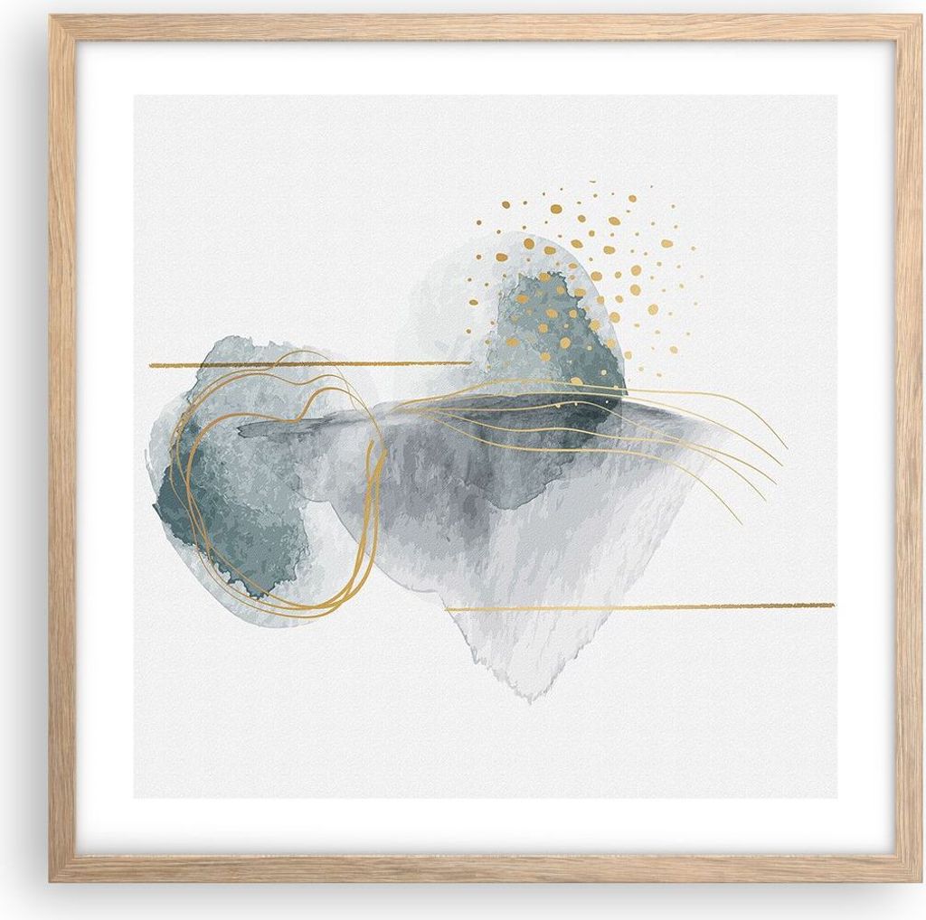Gerahmtes Poster - Rahmen in heller Eiche - Aquarell Flecken Gold - 50x50 cm - Wand Bild - Wanddeko - Wandbilder - Kunstposter - Wandposter - Bilde...
