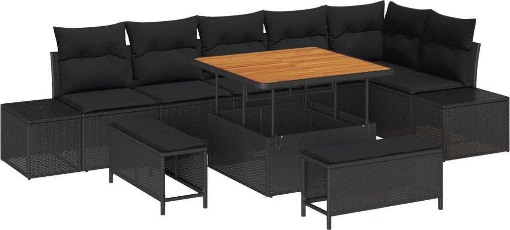 Möbel 9-teiliges Garten Sofa Set mit Kissen Schwarz Poly Rattan Akazie, 2-Sitzer Garten Sofa mit Kissen Schwarz Poly Rattan, 3-teiliges Garten Ess...