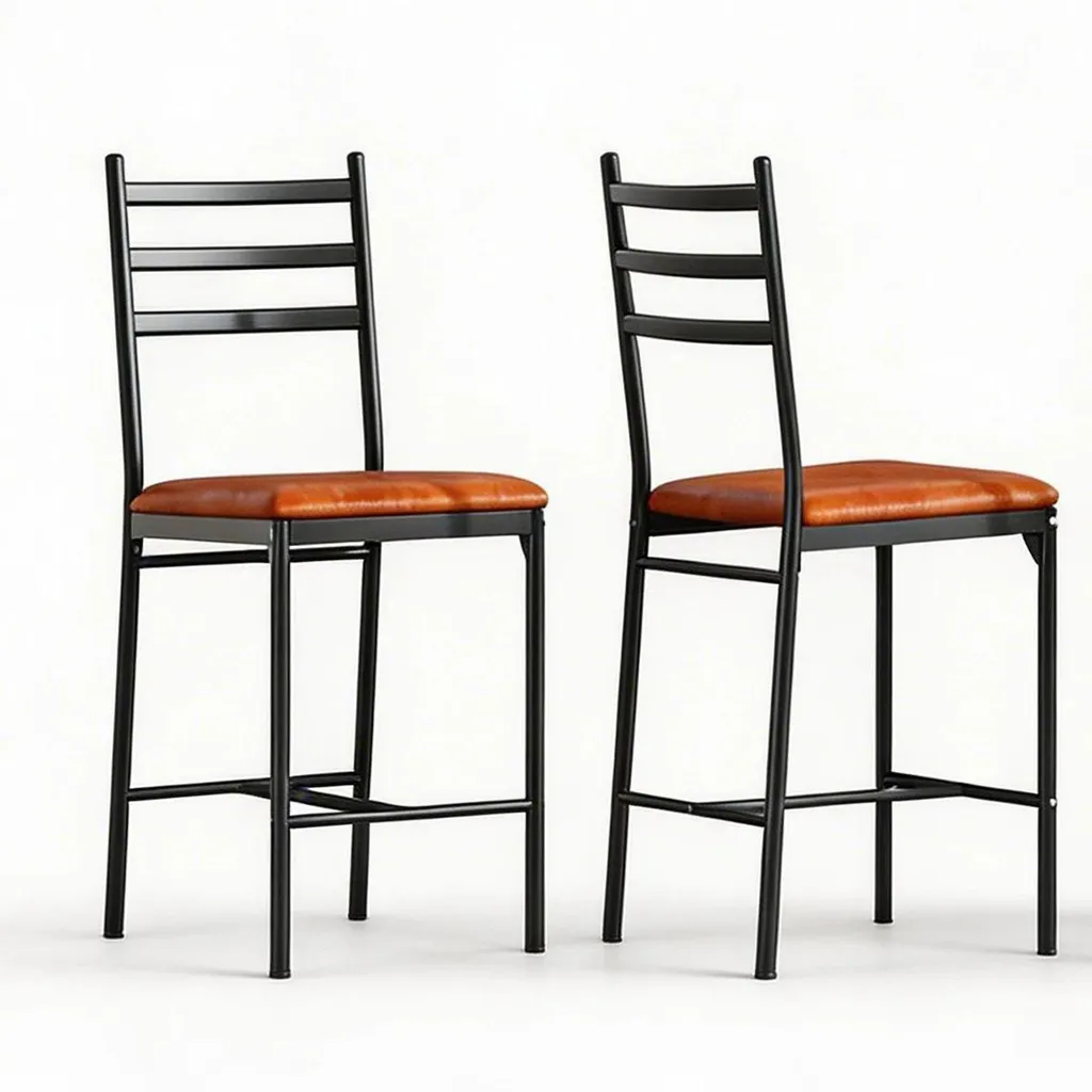 Chaise haute de bar vintage en similicuir marron et pieds noirs lot de 2