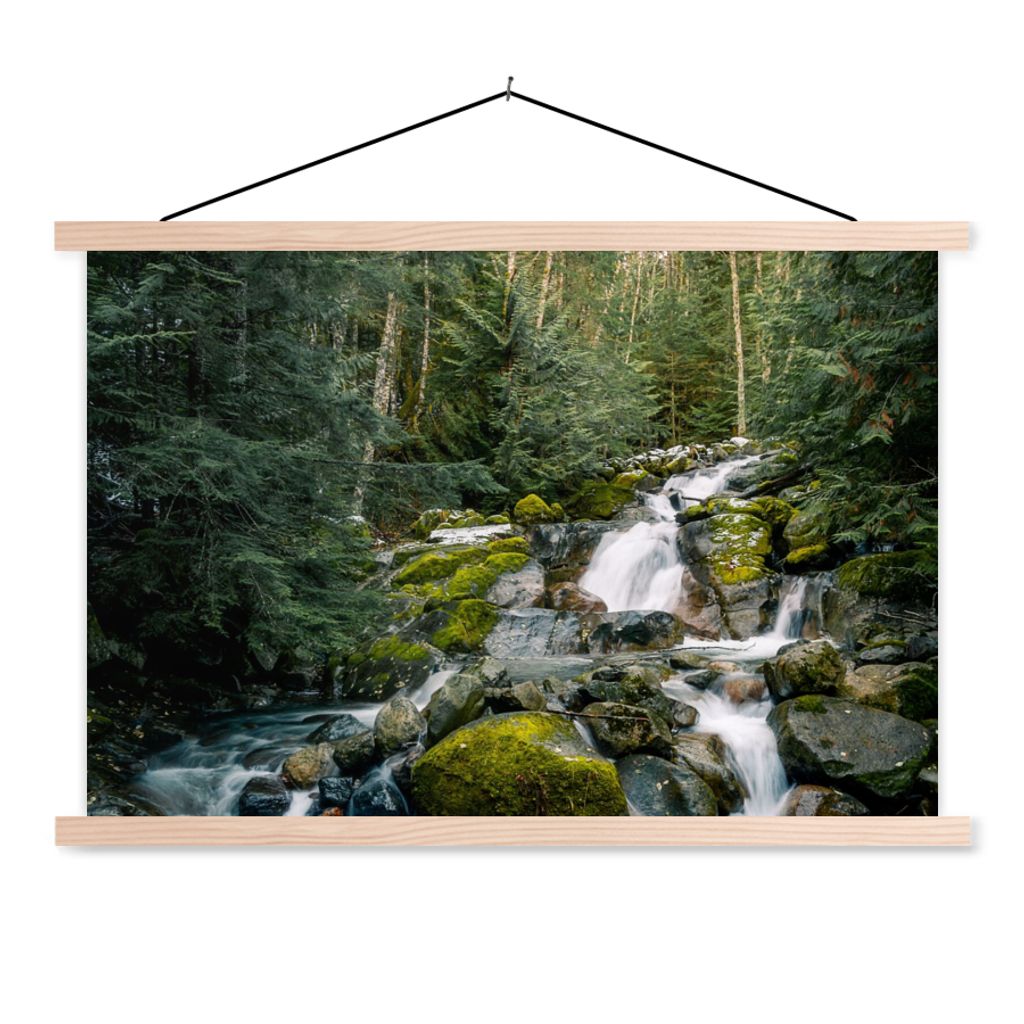 MuchoWow Textilposter Natur - Wasserfall - Bäume - Herbst 120x80 cm mit holzfarbenen Rahmen - Aufhängeset