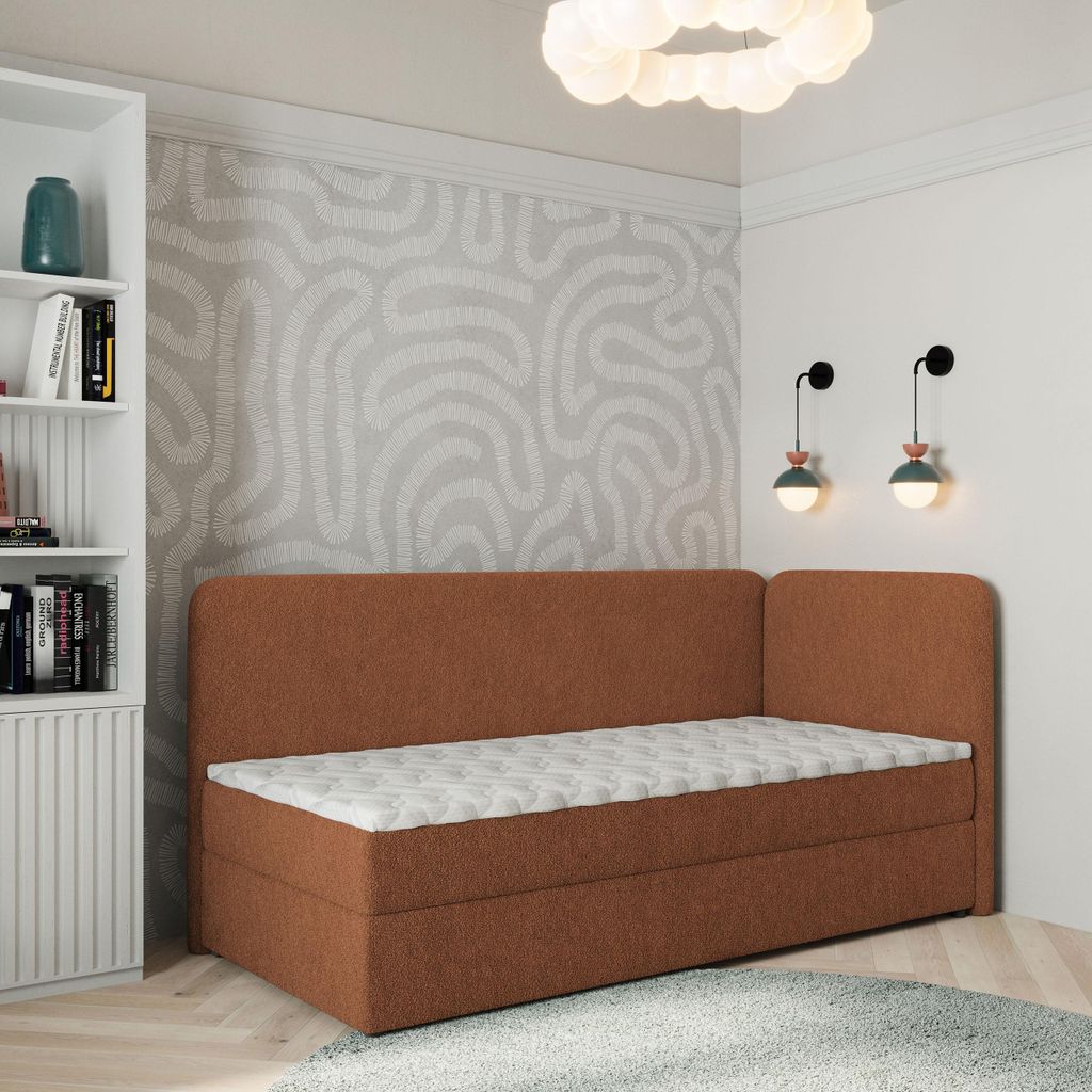 Masseno Boxspringbett GINA 90x200 cm Komplett-Set mit Bonell Matratze und Topper, Polsterbett mit Bettkästen -Orange, QUELLE 54