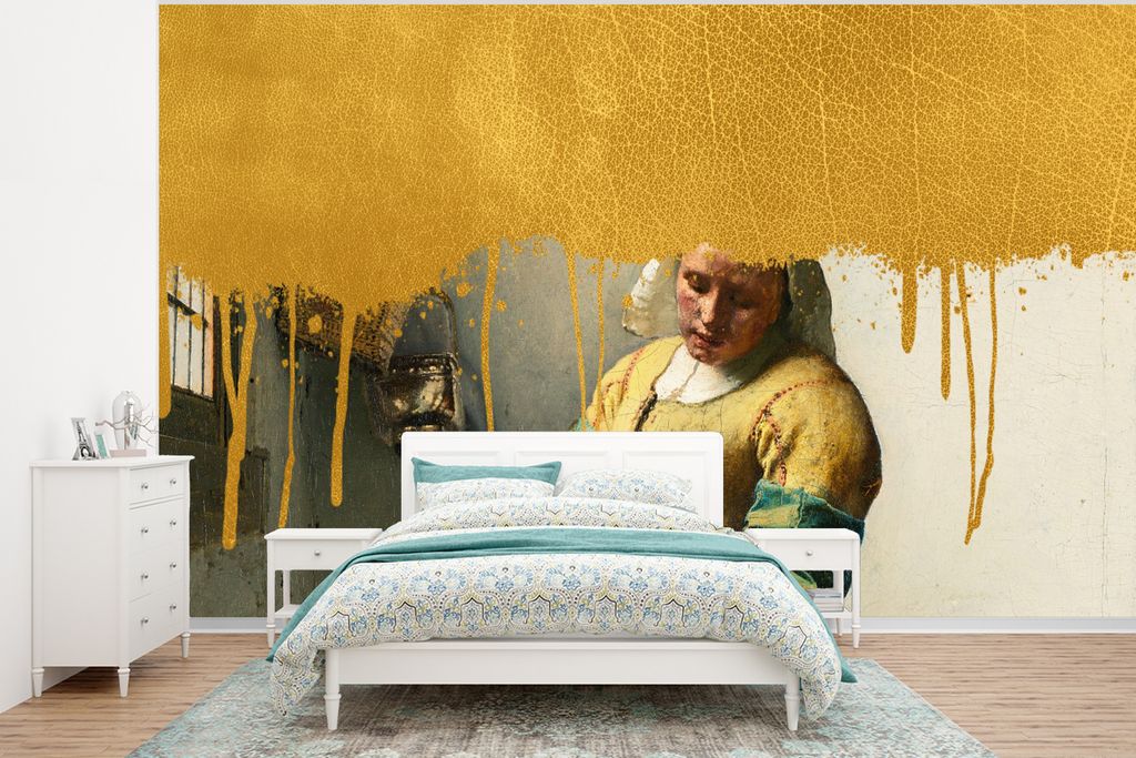 MuchoWow Fototapete für Wohnzimmer oder Schlafzimmer Wandtapete Vinyl Motivtapete Vermeer - Gold - Milchmädchen - 320x240 cm - Tapeten